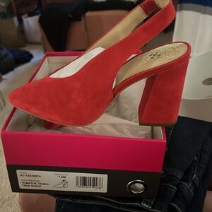 New in box, Vince Camuto block heel. StyleTashinta, suede 7.5. Tomatoe red color